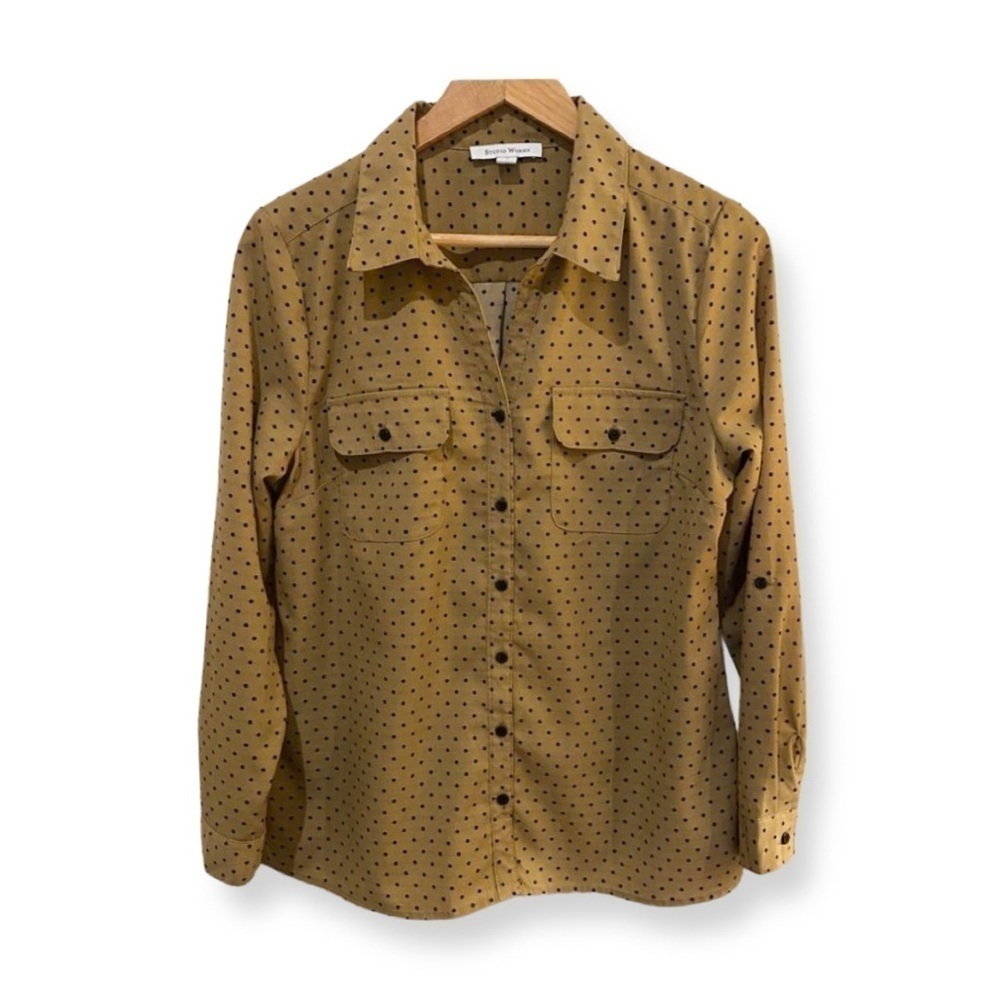 Studio Works Women’s Polka Dots Top Size Medium Mustard With Black Dots